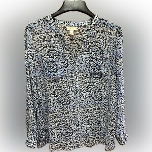 LOFT Women's Black and Blue Abstract Blouse L